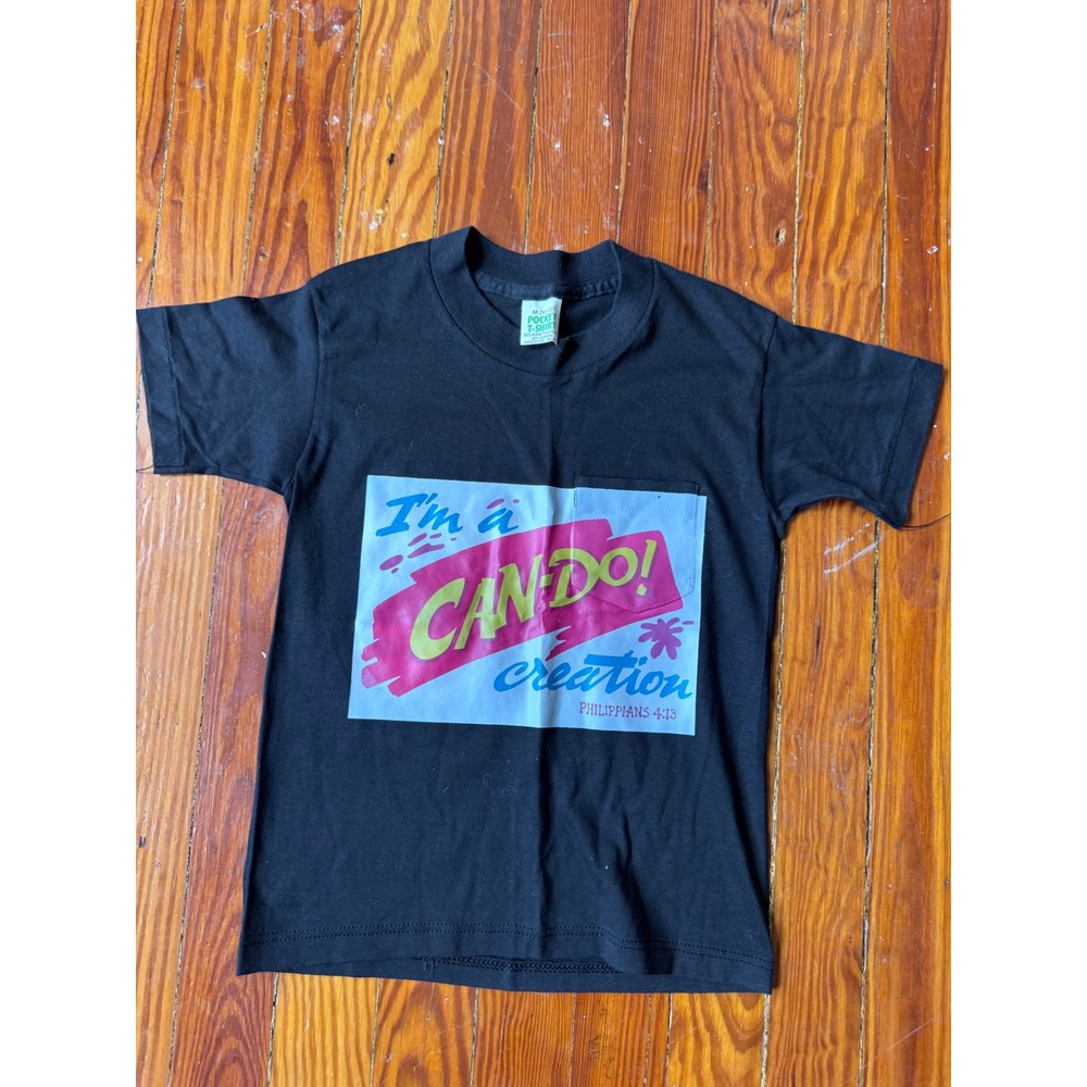 Vintage 80s Can-Do Creation Philippians 4:13 Pocket T-Shirt Black Kids M 10-12